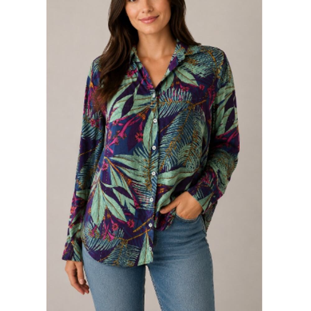 Casual Women's Blue Tropical Print Front Button Closure Long Sleeves Top Size S